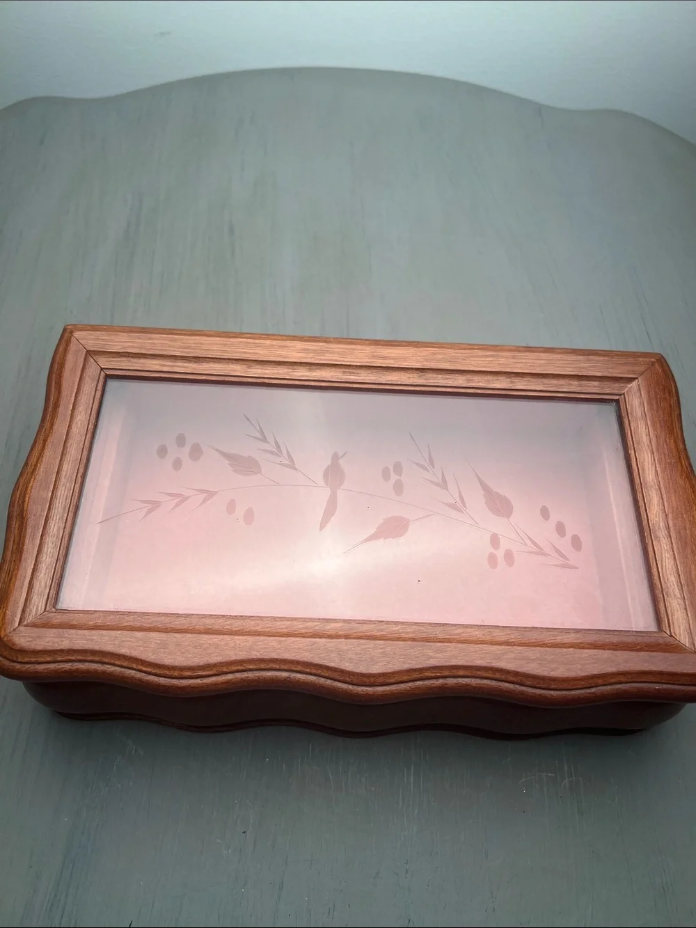 Vintage walnut etched glass jewelry/watch/treasure box. Beautiful curved lines.